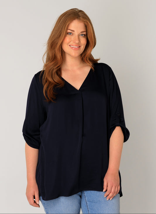 Base Level Curvy blouse met v-hals en driekwart mouw 7000090 Yanina Blauw