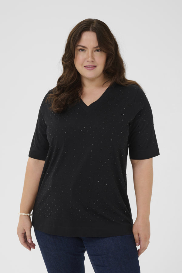 Kaffe Curve T-shirt met V-hals en glinstersteentjes 10583832 KCphoelina Zwart