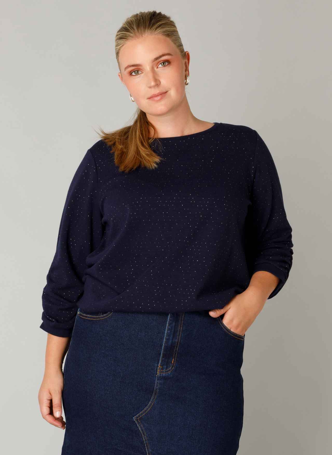 Yest Curve 3/4 mouwen top met glitterprint A005752 navy