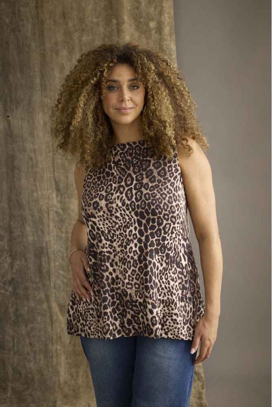 Zhenzi mouwloze top met panterprint 200977 Lani zand