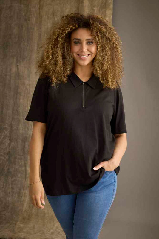 Zhenzi polo T-shirt met rits 200893 Noor Zwart