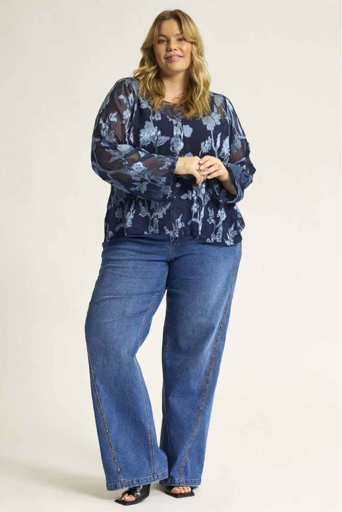 Anyday velvet blouse Leonie, blauw met bloemenmotief