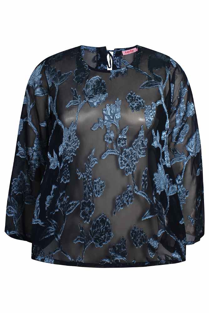 Anyday velvet blouse Leonie, blauw met bloemenmotief, detailfoto