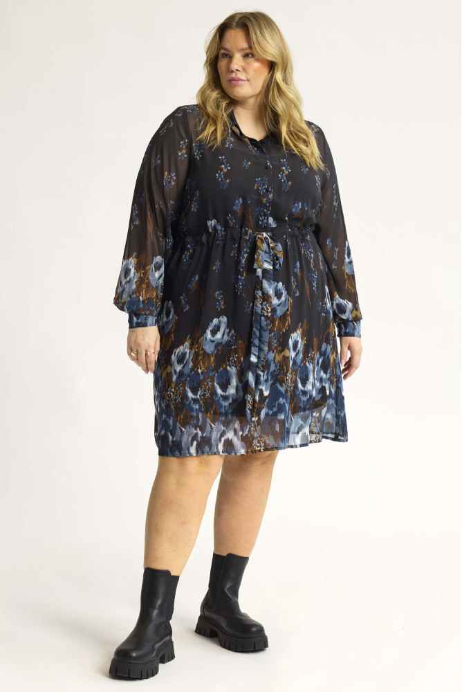 Anyday voile jurk Mabel, zwart met bloemenprint