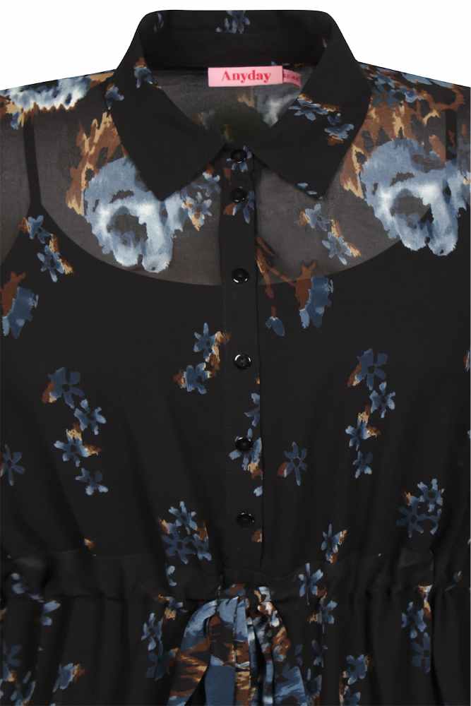 Anyday voile jurk Mabel, zwart met bloemenprint, detailfoto