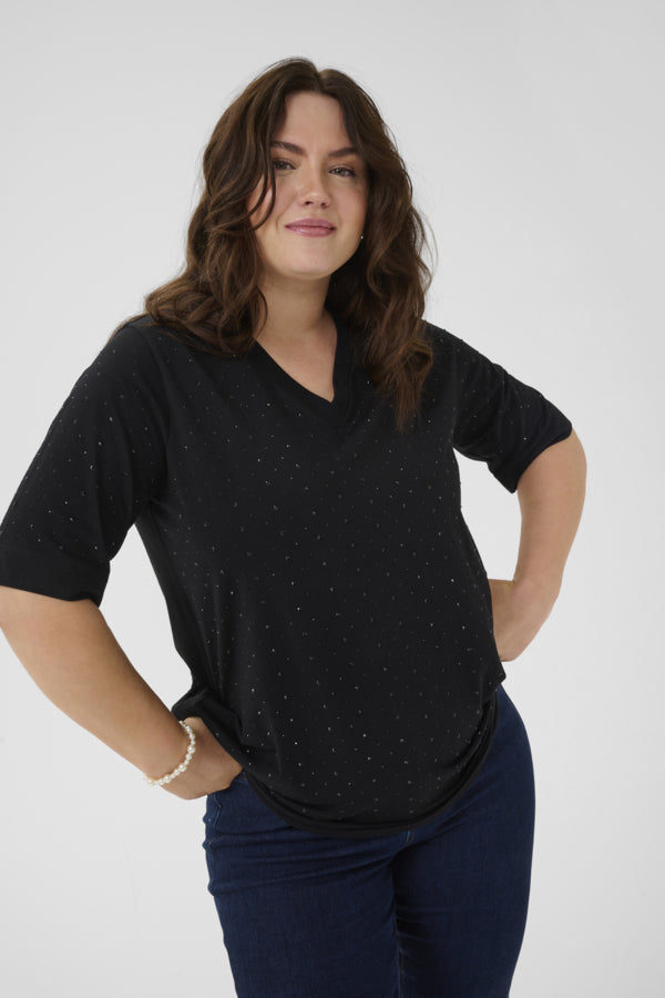 Kaffe Curve T-shirt met V-hals en glinstersteentjes 10583832 KCphoelina Zwart