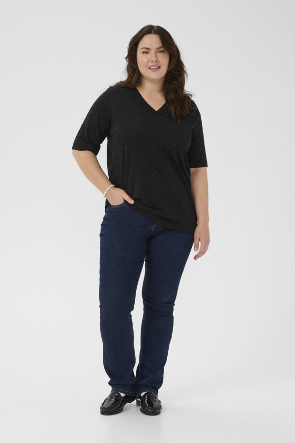 Kaffe Curve T-shirt met V-hals en glinstersteentjes 10583832 KCphoelina Zwart