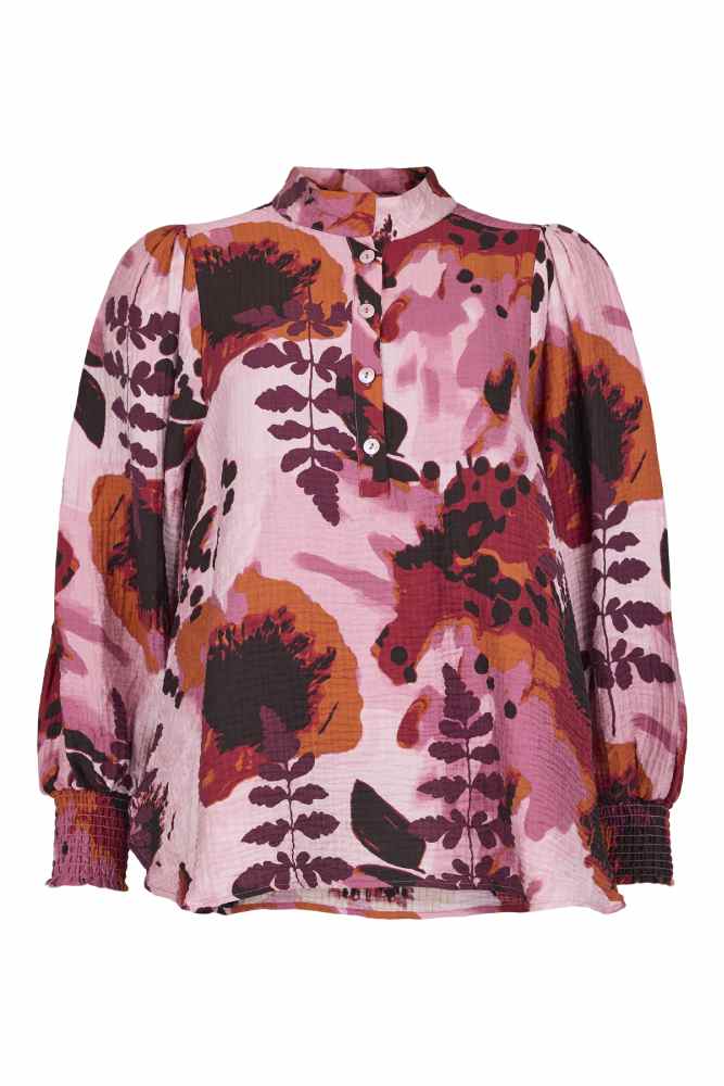Noen blouse roze, bloemenprint, detailfoto