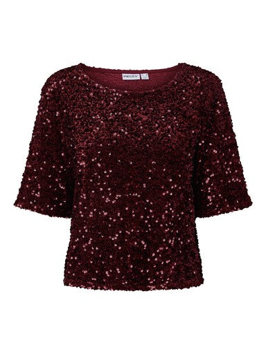 Pieces Curve top Tawny Port sequins