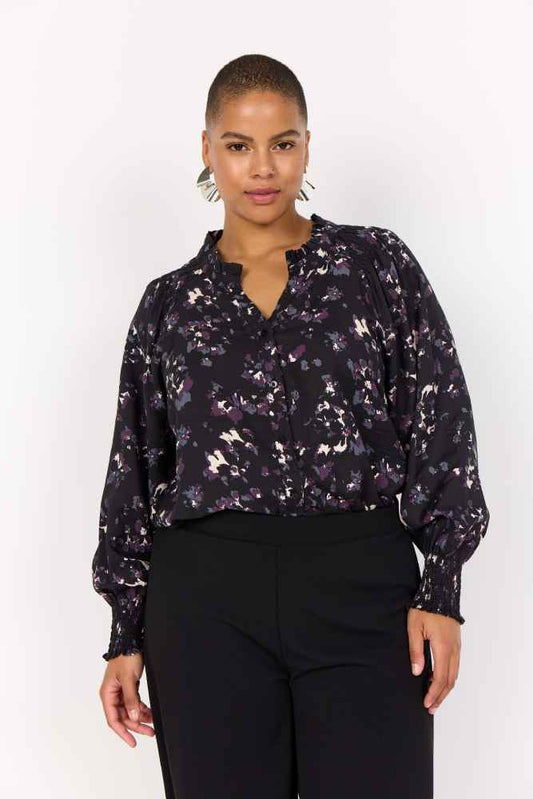 Wasabi blouse met print en lange mouwen W10585 Zwart